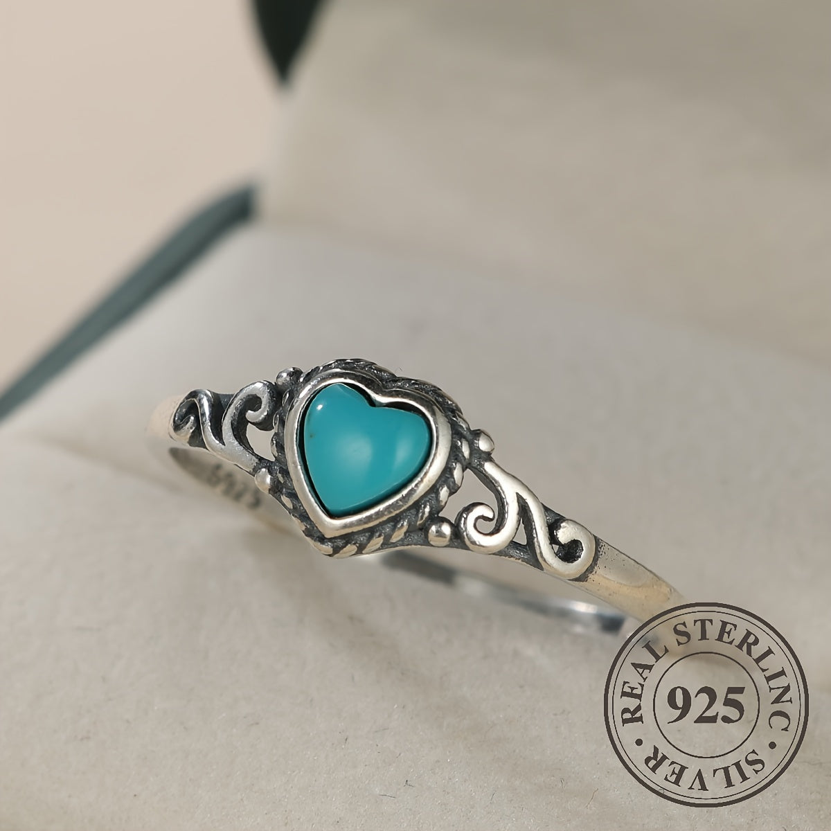 925 Sterling Silver Retro Flower + Heart Turquoise Ring
