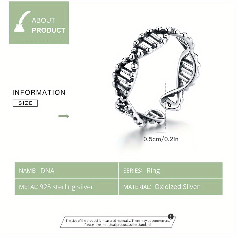 925 Sterling Silver DNA Design Cuff Ring, Adjustable