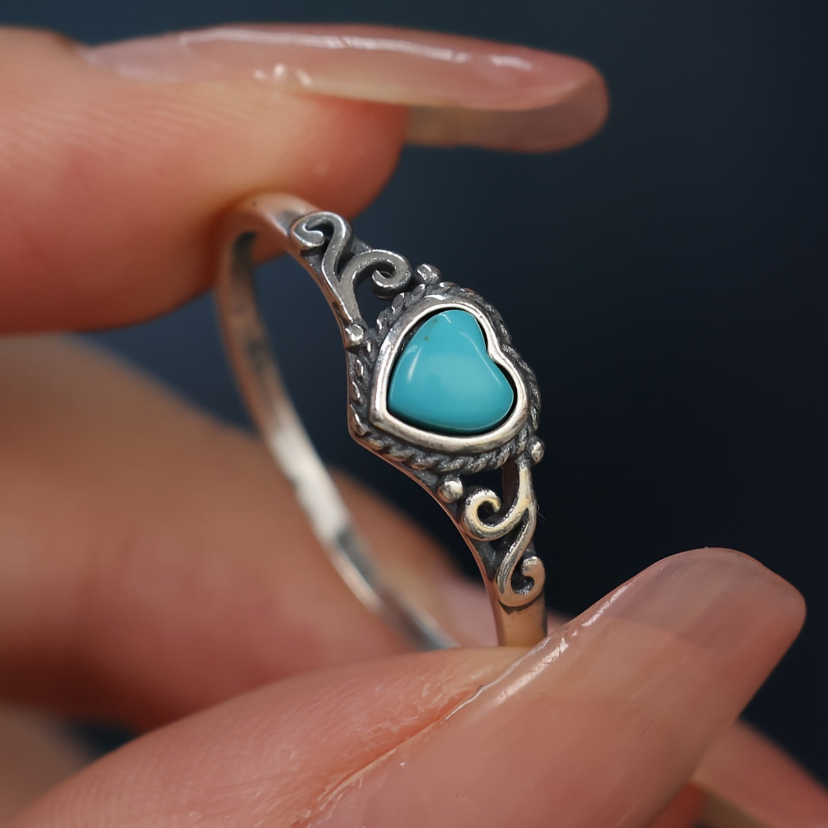 925 Sterling Silver Retro Flower + Heart Turquoise Ring