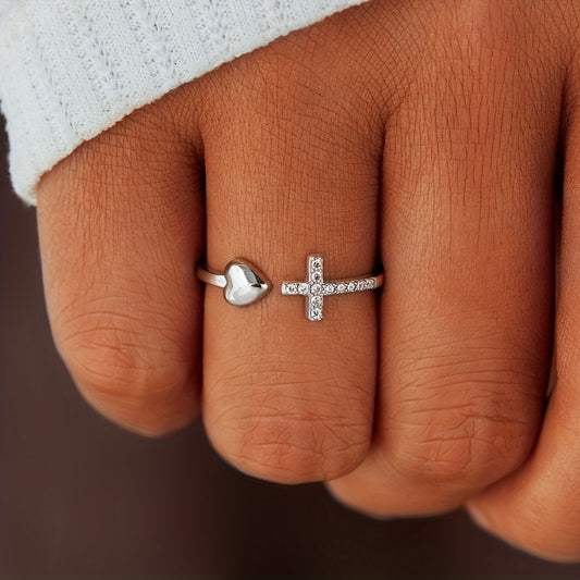 Love Heart & Cross Adjustable Finger Ring, Boho Style